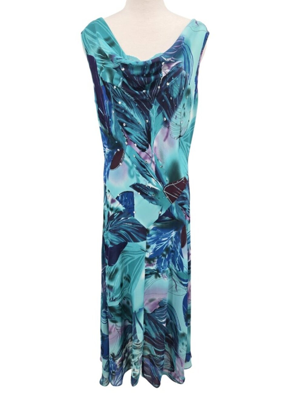 Jessica Sleeveless Maxi Dress Lined Floral Sz 10 Teal Sequins Cowl Neck Flowy